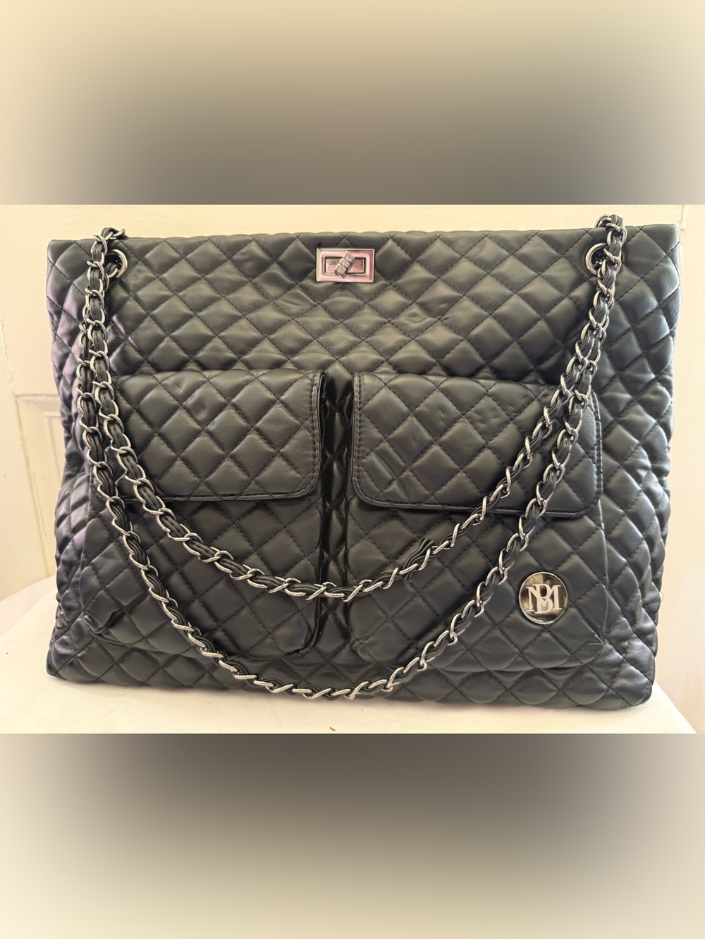 Badgley Mischka Quilted Black Shoulder Bag with Silver Chain